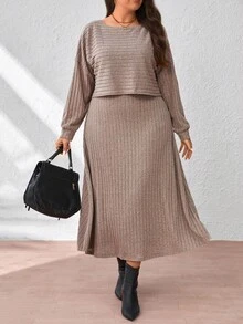 EMERY ROSE فستان كاجوال مضلع محبوك بياقة دائرية وأكمام طويلة منسدلة للنساء ذوات الأحجام الكبيرة - كاكي - مشاهدة 6