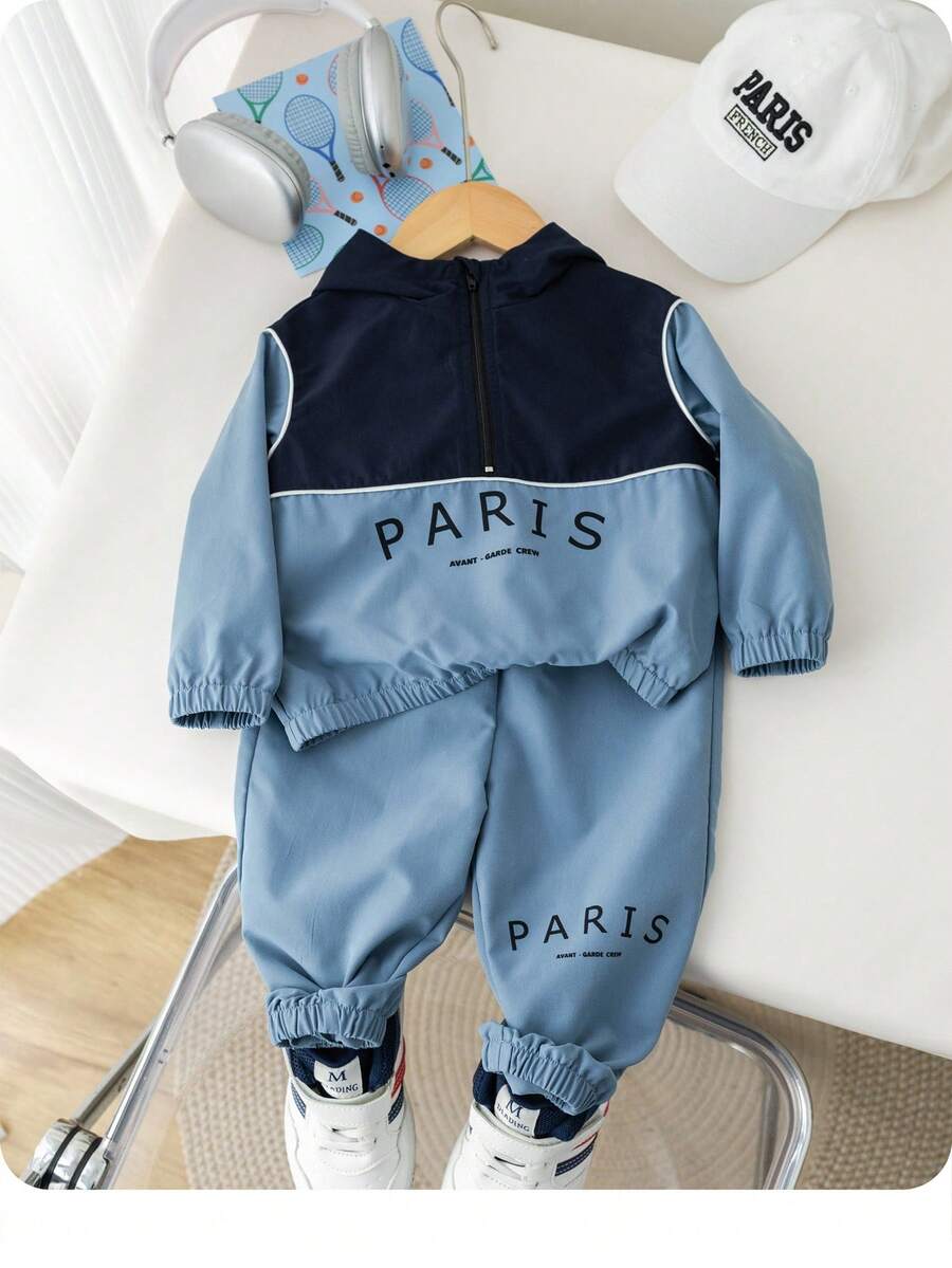 SHEIN Bộ Hai Món Bé Trai Bé Gái In Chữ Màu Khối Có Mũ Và Quần Thể Thao - Màu xanh lam - Xem 1