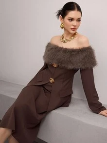 Modelyn 女士时尚通勤毛茸茸拼布露肩上衣和半身裙两件套 - 棕色 - 查看 7