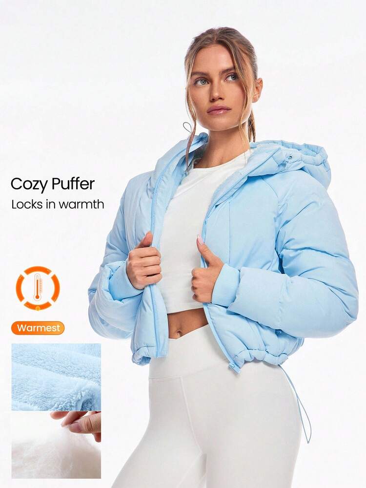 Cozy Crush Silky Smooth Warm Adjustable Drawstring Hem Hood Fleece Lined Cropped Puffer Jacket Autumn Winter Outdoors Daily Casual Wear