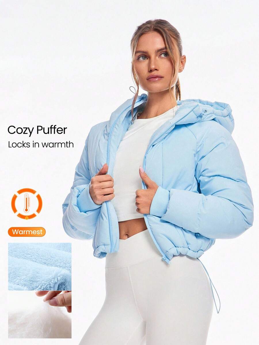 GLOWMODE 舒适丝滑保暖可调节抽绳下摆连帽羊毛内衬短款羽绒夹克秋冬户外日常休闲装 - 水藍色 - 查看 1