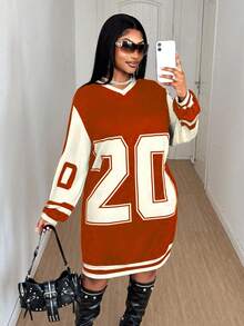 Rovax Plus Size Color Block Numeric Print Dress - Multicolor - View 1