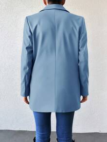 EURMUSE 女式纯色立领长袖前扣口袋简约西装外套 - 淺藍色 - 查看 2