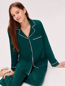 LUVLETTE Jul- och nyårspyjamas för par, mjuk, 100 % ren bomull, grön, kontrastfärgad, enkel, knäppt topp och byxor, loungekläder, pyjamasset med byxor och fickor, loungeset för kvinnor, höstkläder - Mörk Grön - Visa 4