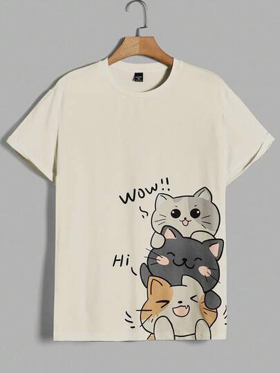EASEVO Camiseta casual de manga corta para hombre de talla grande con estampado de letra y gato de dibujos animados