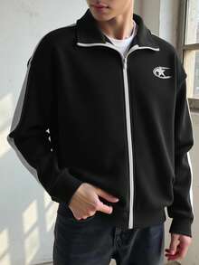 SHEIN Chaqueta de punto con estampado de logo de estrella casual para adolescentes, versátil y adecuada para ir y venir, la escuela, el uso diario casual, los viajes, las fiestas al aire libre, los deportes, otoño/invierno