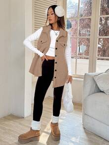 SHEIN EZwear 1件女士纯色纽扣前开襟无袖口袋休闲外套，适合秋冬季日常穿着，卡其色，适合女士秋季穿着，女士背心，适合冬季女性居家办公早餐穿着，秋季，女士秋季 - 杏色 - 查看 4