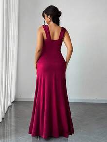 Viva Relle 大码女式纯色扭结V领高开衩高弹力针织派对鸡尾酒百搭时尚设计2025新款连衣裙 - 紅色 - 查看 2