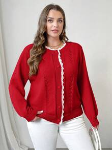 SHEIN Unity Plus Size Women Solid Color Lace Loose Casual Cardigan, Autumn/Winter - Red - View 8