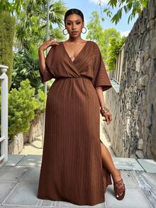 Veslaya Plus Size Women's Solid Color Overlap V-Neck Batwing Sleeve Casual Dress