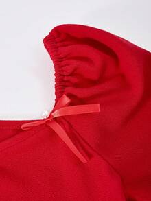 SHEIN Mädchen Lässiges elegantes Kleid mit V-Ausschnitt und Langarm, gerippte Manschetten, Schleife & Perlen Dekor an Oberteil & Saum, geeignet für Party, Reise, Lässig Tragen, kann mit Jacke oder Mantel kombiniert werden - Rot - Übersicht 6