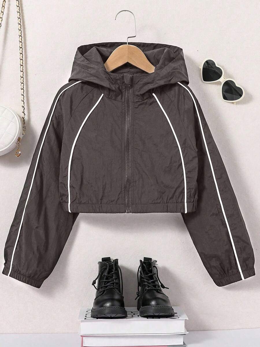 Girls' Hooded Jacket With Reflective Stripes And Glow-In-The-Dark Design, Comfortable Outerwear - Grey - View 1