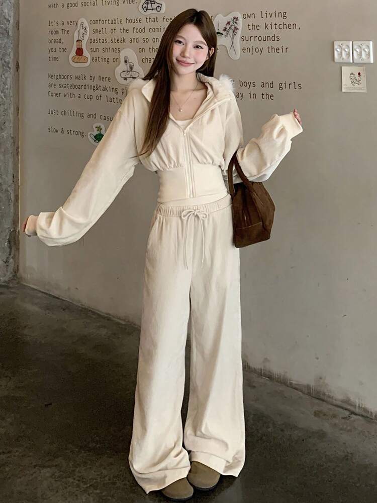 Women's Autumn Drop Shoulder Furry Hooded Sweatshirt And Wide Leg Pants Casual 2 Pieces Set Tracksuits Women Set Lounge Sets For Women