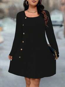 Plus Size Women Casual Everyday Commute Simple Solid Color Square Neck Button Decor Loose Dress - Black - View 1