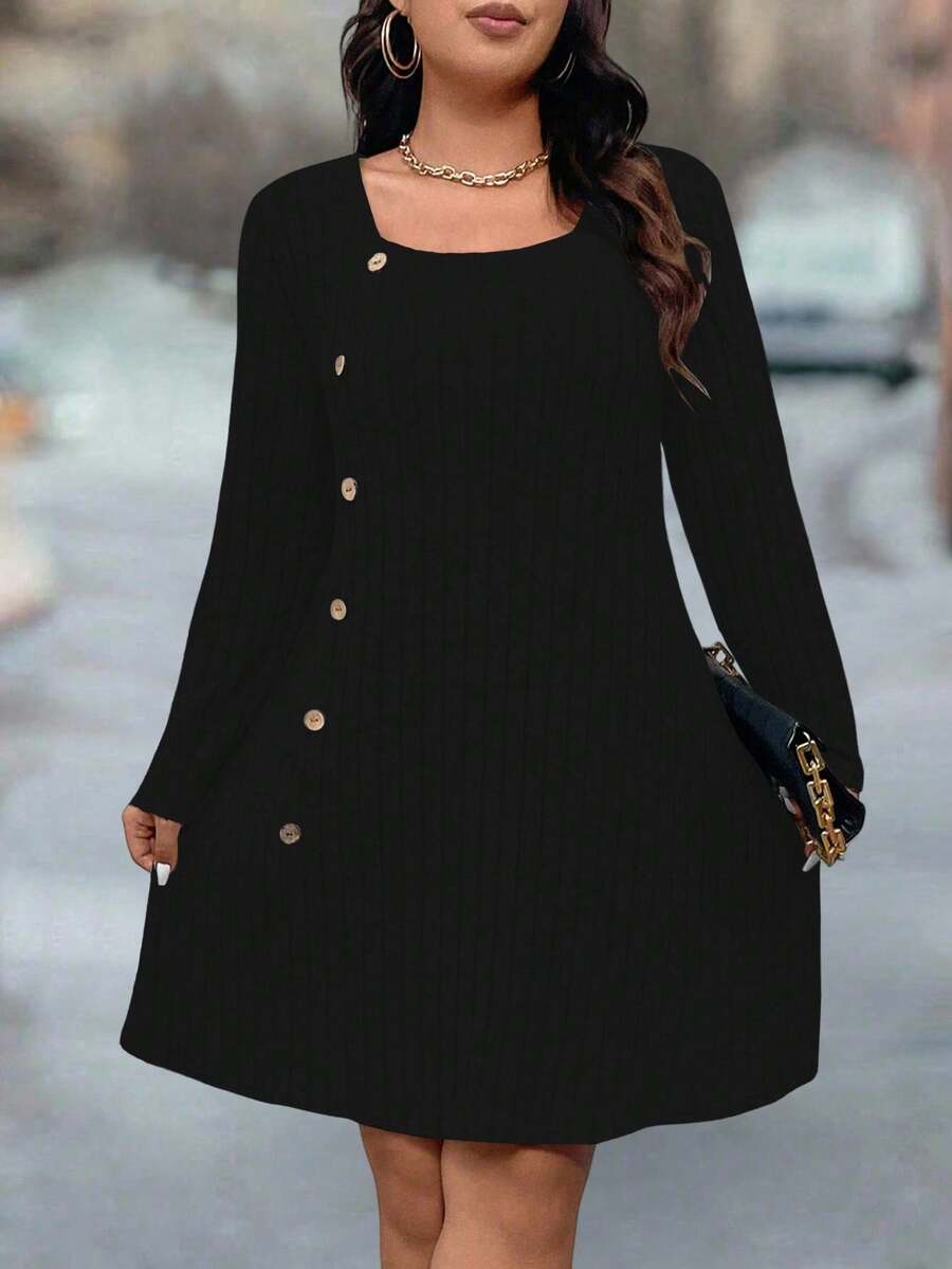 Plus Size Women Casual Everyday Commute Simple Solid Color Square Neck Button Decor Loose Dress - Black - View 1