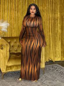 Veslaya Vestido maxi de manga larga ajustado, elegante y de talla grande con estampados de rayas marrones, geométricos, de leopardo, de animales y abstractos, con diseños elásticos, sexys y de fiesta para uso diario, vacaciones, cruceros, playa y tomar el sol. Incluye vestido de malla Cleopatra de Halloween, vestido transparente y conjunto de dos piezas de malla. - Marrón - Ver 9