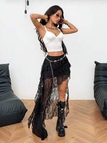 Coolane Women's Fall Concert Streetwear Vacations Boho Y2K Country Concert Gyaru Lace Asymmetrical Ruffle Fringe Black Low Rise Long Skirt