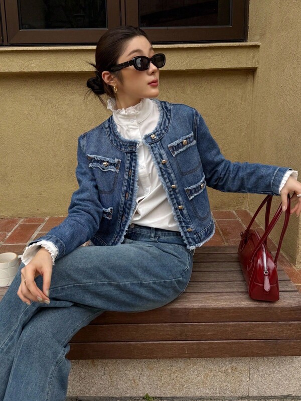 K-Vae Women's Autumn And Winter Denim Jacket, Round Neck Fit Version, Daily Commuting Denim Jacket,New Year's Wear