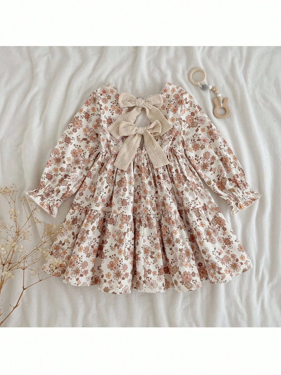 Loomiva Young Girl Floral Print Round Neck Puff Sleeve Waist Cinched Dress - Multicolor - View 1