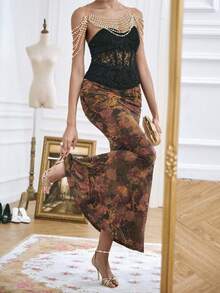 SHEIN Unity Vintage Elegant Multi-Color Brown Printed Pleated Flocked Knit Bodycon Mermaid Hem Skirt, Suitable For Party And Casual Wear, Autumn/Winter - Multicolor - View 6