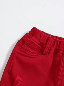 SHEIN Baby Boy Solid Color Distressed Denim Jeans, Casual & Minimalist, Suitable For Autumn/Winter - Red - View 5