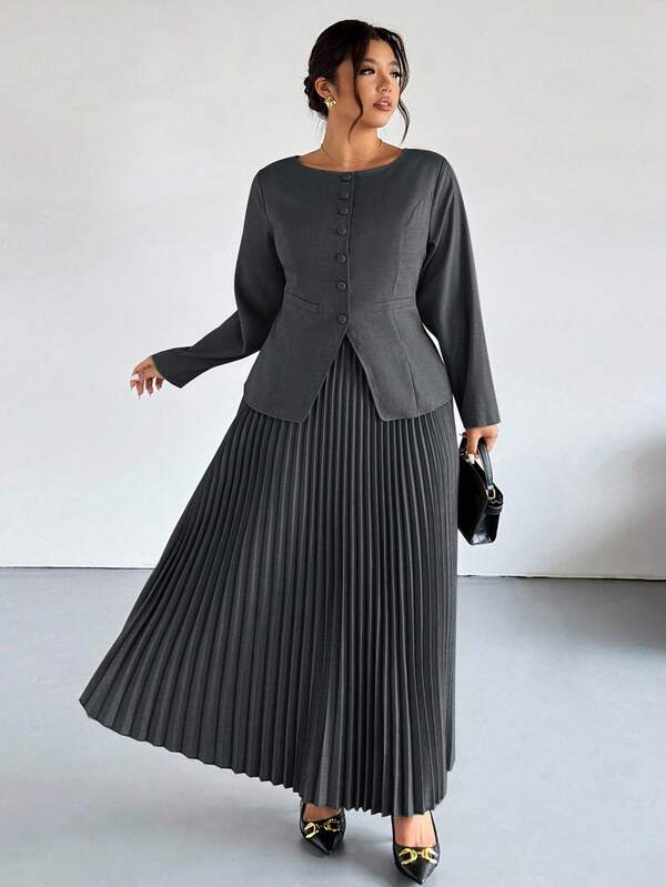 Firerie بدلة نسائية كبيرة الحجم مكونة من بلوزة رقبة قارب مزينة بجيوب وتنورة متجعدة، طقم قطعتين أنيق للمكتب والشارع في فصلي الربيع والخريف