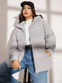 Zelara 大码女式纯色长袖拉链连帽羽绒服，冬季假日保暖灰色外套，冬季舒适保暖，适合秋季圣诞节、新年、感恩节派对等场合 - 淺灰色 - 查看 5