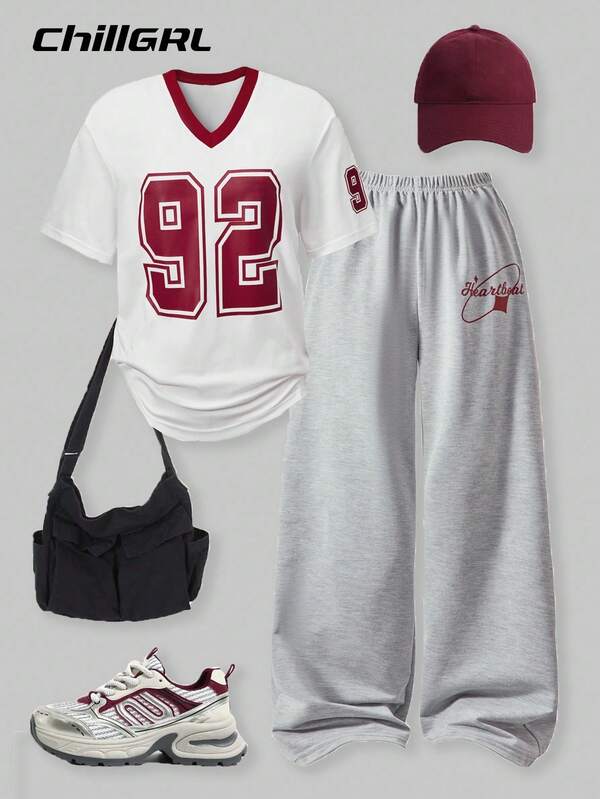 SHEIN Set de 2 piezas de ropa informal y cómoda para adolescentes, con pantalón ancho de sudadera y top de manga corta con cuello en V y estampado numérico