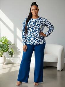 Glamance Whitebread 2pcs/Set Plus Size Women Loose Round Neck T-Shirt And Straight Leg Pants, Autumn Blouse And Pants Set Matching Women Sets Blue And White Outfit Women Blue 2 Pieces Set Women Modest Two Pieces Set - Multicolor - View 3
