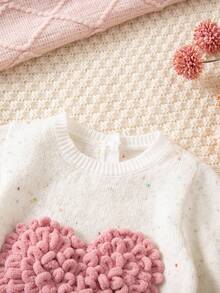 SHEIN Babygirl 可爱心形图案长袖毛衣连体衣，秋冬 - 米色 - 查看 5