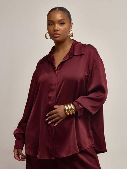 MUSERA Plus Size Satin Look Button Through Shirt , Winter, Everyday, Cute, Casual, Cozy, Gallerie Festive, Holidays, Party,
