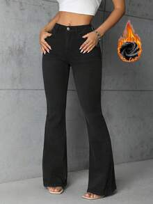 EMERY ROSE Women's Pocketed Flared Jeans With Thermal Lining, Casual & Versatile - Black - View 1