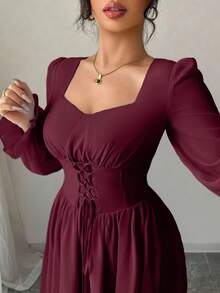 Modelyn 法式设计方领系带束腰女式连衣裙 - 酒紅色 - 查看 3