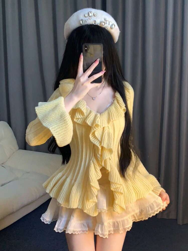 Women's Autumn/Winter Colorful Yellow Tight Knit Top With Layered Ruffle Trim, V-Neck, Bell Sleeves