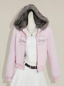 SHEIN ICON 女士蓬松连帽衫粉色刺绣休闲户外街头风格短款拉链夹克，适合秋冬女士 - 粉色 - 查看 3