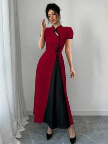 Rafferiza Women Elegant Contrast Color Block Button Puff Sleeve Dress - Red - View 3