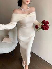 DAZY 优雅露肩扭结设计中长毛衣裙，适合冬季、新年、圣诞节、婚礼、派对、时尚活动 - 米色 - 查看 5