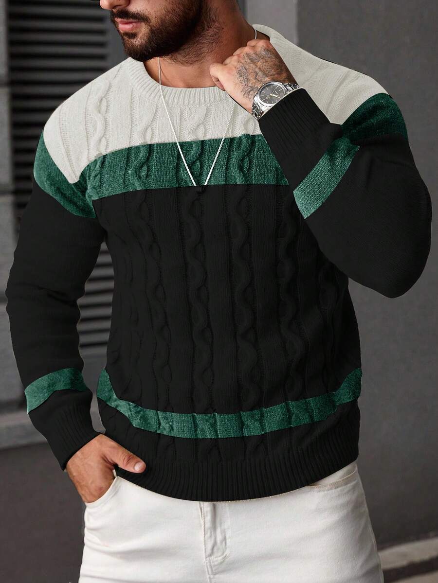 Manfinity Homme Men's Casual Colorblock Cable Knit Crew Neck Long Sleeve Sweater, Autumn/Winter - Multicolor - View 1
