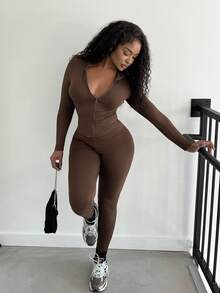 Alexandranx 黑色两件套运动服拉链夹克和紧身裤 - 棕色 - 查看 4