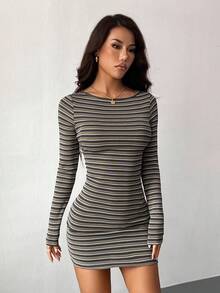 SHEIN PETITE 女式休闲条纹印花船领长袖迷你连衣裙，返校季，外出服，女士西装，女士秋季连衣裙 - 彩色 - 查看 9