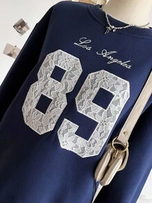 Sweetra Young Teenage Girls' Sweatshirt, Fashion Casual Versatile, Navy Blue Long Sleeve With Lace Applique Embroidery On Chest, Ribbed Cuffs, Lace Hem, Suitable For Autumn/Winter Outings, Commuting, Travel, Can Be Paired With Sweatpants, Jeans, Jackets
