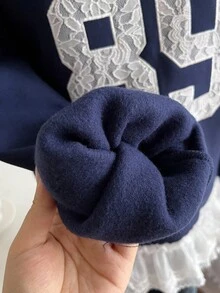 Sweetra Young Teenage Girls' Sweatshirt, Fashion Casual Versatile, Navy Blue Long Sleeve With Lace Applique Embroidery On Chest, Ribbed Cuffs, Lace Hem, Suitable For Autumn/Winter Outings, Commuting, Travel, Can Be Paired With Sweatpants, Jeans, Jackets