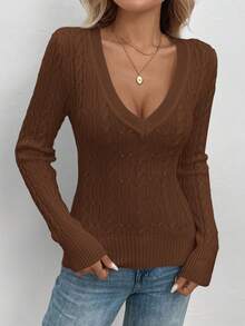 SHEIN LUNE Women's V-Neck Cable Knit Tight Fit Casual Retro White Sweater, Autumn/Winter,Fall,Fall Clothes For Women