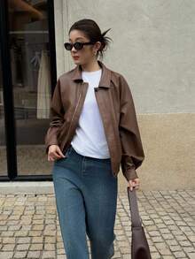 SHEIN K-Vae 女士秋冬棕色翻领老款PU夹克，防风保暖冬季夹克，机车夹克，新年夹克 - 棕色 - 查看 6