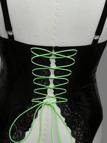 Spicy Aura 5pcs Curve Halloween Ghoul Face Funny Cup-Less Sheer Criss-Cross Ultra-Sexy Plus Size Lingerie Set, Black & Neon Green - Black - View 6