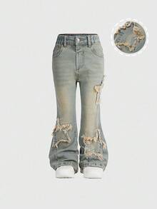 SHEIN 年轻女孩做旧浅蓝色星星刺绣牛仔裤，松紧腰身，紧身喇叭腿设计