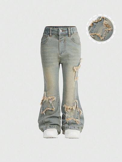 Shein young girls' distressed light blue jeans with star embroidery, elastic waist, skinny flare leg design fall wintershein winter