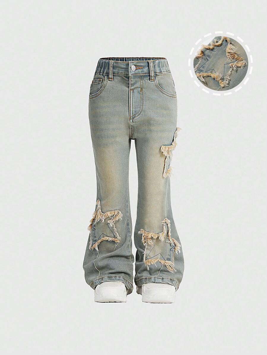 SHEIN 年轻女孩做旧浅蓝色星星刺绣牛仔裤，松紧腰身，紧身喇叭腿设计