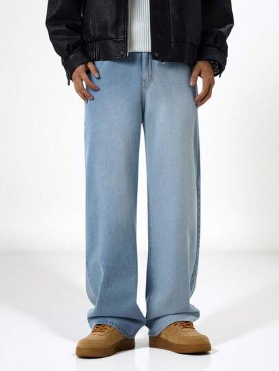 SHEIN Explorewe Teen Boys' Casual Outdoor Street Style Comfortable Cotton Reversible Faded Blue Tie-Dye Relaxed Waist Jeans Fall Winter