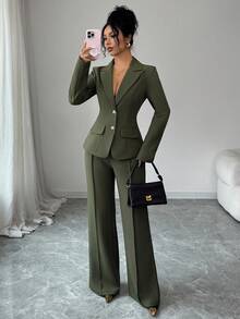 SHEIN Elenzya 优雅浪漫的女士西装外套，翻领收腰设计 - 軍綠色 - 查看 1